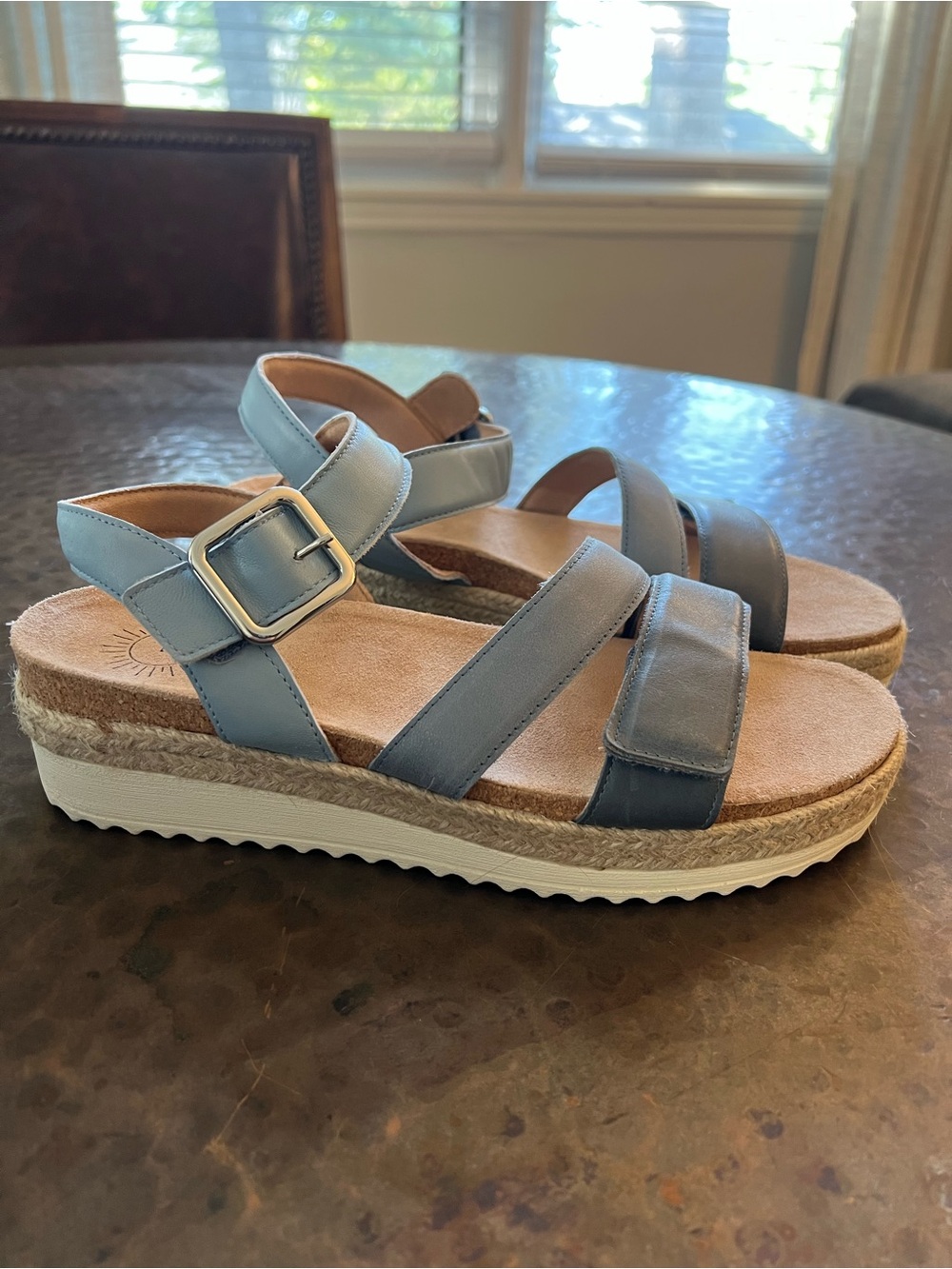 Women’s Blue Leather Strap Platform Sandals with Buckle